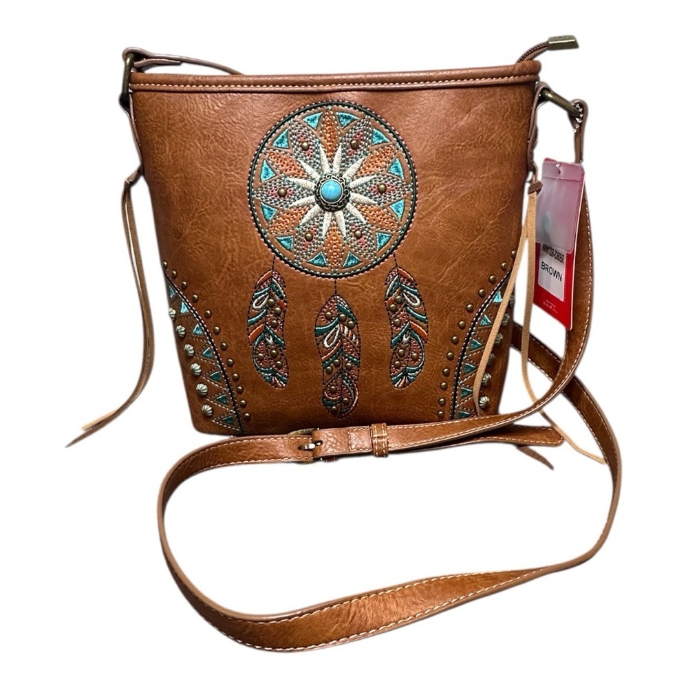 Montana West Brown and turquoise color Crossbody Bag with Medallion Design - Picture 3 of 8
